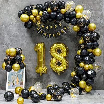 Afbeelding van Verjaardagsdecoratie 18e jaar, verjaardag feestdecoratie in zwart goud boog ballonnen, decoratie ballonsets voor jongens meisjes vrouwen mannen