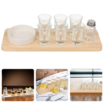 Afbeelding van Cheqo® Tequila Serveerset Hout Glazen Shotglazen Set Inclusief Shotglaasjes en Zoutpotje 32x12 cm