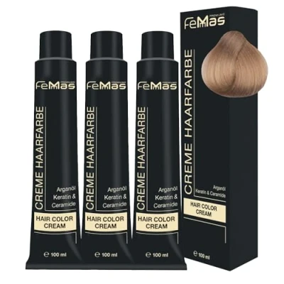 Afbeelding van FemMas Lichtgevende blond haarverf 9, professionele blonde crème met voedende arganolie, keratine en ceramide, als permanente kleuring of haarkleurmiddel, 3 x 100 ml