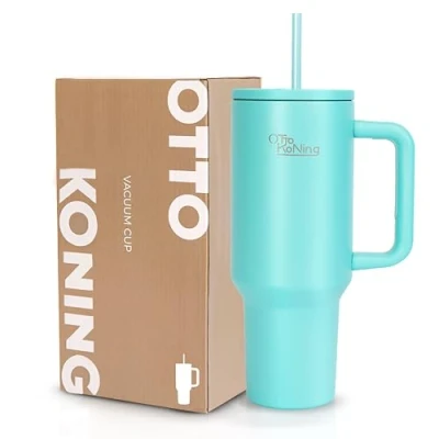Afbeelding van Otto Koning Thermosfles van roestvrij staal, 1,2 l, thermosbeker met rietje en handvat, BPA vrije thermosbeker, houdt dranken warm of koud