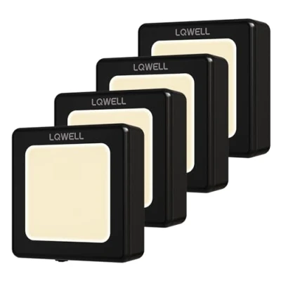 Afbeelding van LQWELL® Opvouwbaar nachtlampje met schemeringssensor, instelbare helderheid, automatisch contactlicht, warmwit oriëntatielicht voor kinderkamer hal (zwart, 4 stuks)