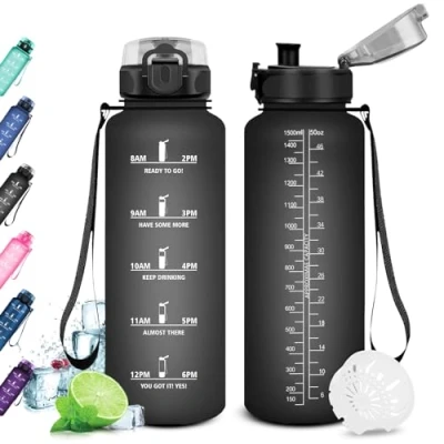 Image de KollyKolla Gourde de sport 1,5 L, bouteille d&#039;eau avec indicateur temps, sans BPA, adulte, école, gymnastique, remise en forme