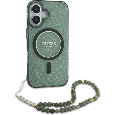 Afbeelding van Guess Hoesje Geschikt voor iPhone 16 Met Koord MagSafe IML Case with beads strap groen