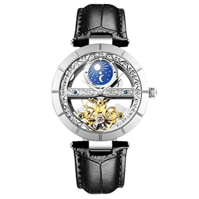 Afbeelding van RORIOS dameshorloge, mechanisch, automatisch, echt leer, automatische opwinding voor dames, horloges, Zwart B, riem