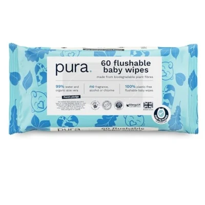 Image de Pura Lingettes jetables écologiques pour bébé 1 paquet (60 lingettes) 100% sans plastique, 99% d&#039;eau, adaptées aux peaux sensibles et sujettes à l&#039;eczéma, nouveau nés tout petits,