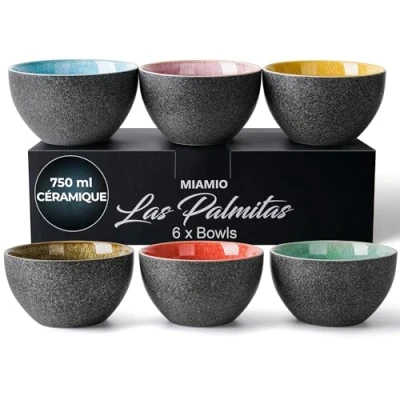 Afbeelding van MIAMIO 750 ml, set van 6 kommen, keramische slakommen, soepkommen, mueslikommen, keukenkommen, rijstkommen magnetronbestendig Las Palmitas collectie