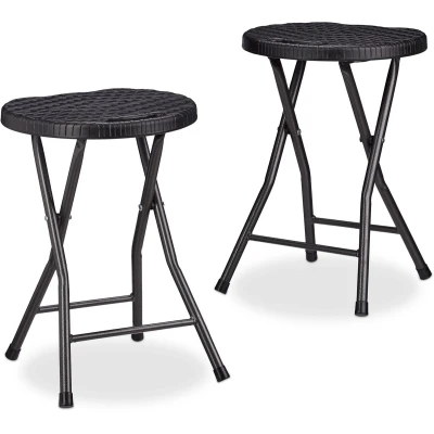 Afbeelding van Relaxdays kruk inklapbaar set van 2 voor buiten en binnen camping rond rotanlook zwart