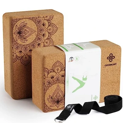 Afbeelding van Yogablokken kurk set van 2 met yogariem voor yoga, pilates, algemene fitness en stretching, 23 x 15 7,6 cm