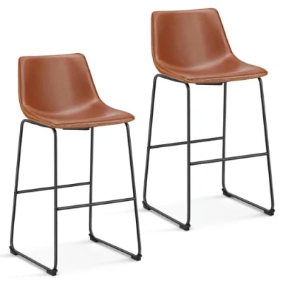 Afbeelding van NEWBULIG Counter Height Set van 2 barkrukken met rugleuning mat leer voor bar, bistro, café, keuken, zithoogte 74 cm, whisky bruin