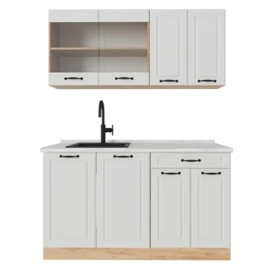 Afbeelding van Vicco Eenpersoonskeuken R Line, Wit landhuis/gouden eik, 140 cm , WB Marmer
