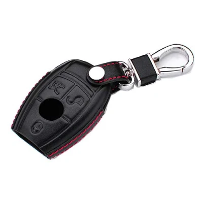 Afbeelding van M.JVisun Echt leren sleutelhoes voor Mercedes Benz A klasse B C E S G M V CLA CLS GLA GLC GLE GLK GL GLS SL SLK SLC Viano Metris autosleutel, leer, zwart, 3 knoppen, EU