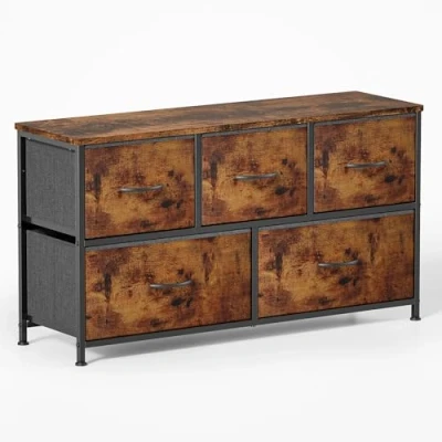 Afbeelding van Xbro AP71 Ladekasten, Ladekast met 5 Laden van Stof, Slaapkamer Houten Bovenblad en Metalen Frame voor Slaapkamer, Woonkamer, Hal (Rustiek Bruin)