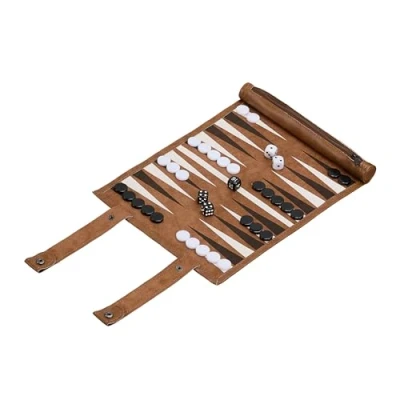 Afbeelding van Relaxdays Backgammon Rolbaar reisspel met accessoires, speelbord, 32 x 26 cm (b d), lederlook, bruin