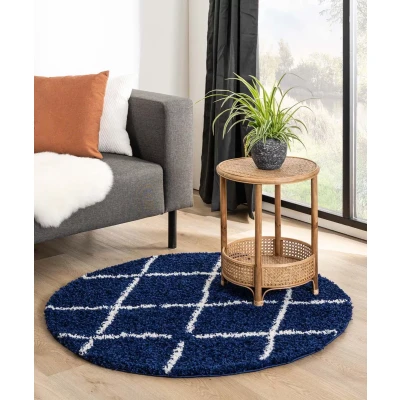 Afbeelding van Rond Hoogpolig Vloerkleed Ruiten Habitat Marineblauw/wit 280 Cm