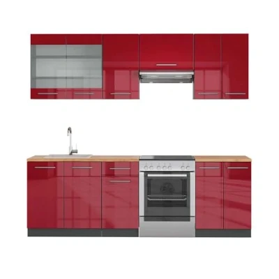 Afbeelding van Vicco Complete keukeneenheid Fame Line, Bordeauxrode hoogglans/Antraciet, 240 cm , WB Eik