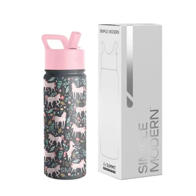 Afbeelding van Simple Modern Waterfles voor kinderen met rietje, roestvrijstalen thermoskan, geïsoleerd, herbruikbaar, jongens en meisjes, school, verzameling, 530 ml, Unicorn Fields