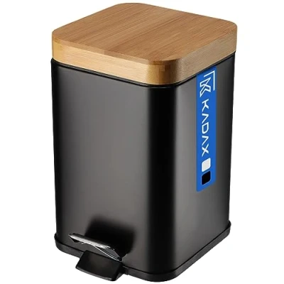 Afbeelding van Afvalbak van gepoedercoat staal, 3 liter emmer met bak en voetpedaal, afvalemmer automatische sluiting, vuilnisemmer bamboedeksel Zwart, 3L