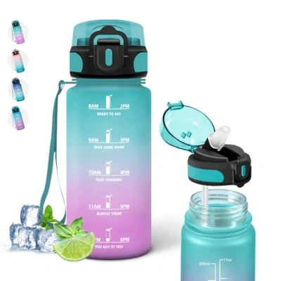Afbeelding van 500 ml waterfles voor kinderen, met rietje, lekvrij, motiverende fles tijdschaal, gemakkelijk mee te nemen, sportfles school, camping, reizen