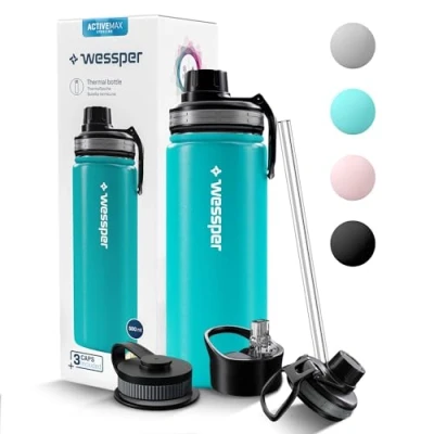 Afbeelding van Wessper Thermofles van roestvrij staal, 500 ml, lekvrij, thermosfles, BPA vrij, met 3 deksels, elegante blauwe sportdrinkfles, thermosfles voor kinderen en volwassenen, camping