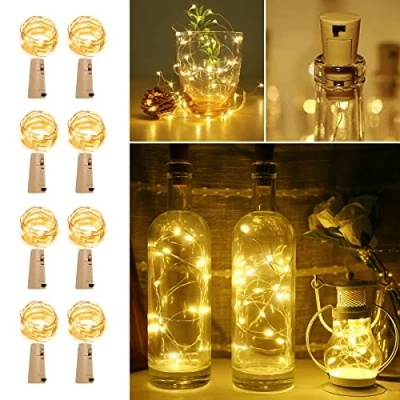 Afbeelding van LE Lichtsnoer voor flessen, 8 stuks, 2 m, 20 leds, mini lichtketting op batterijen, van koper, warmwit, IP65, waterdicht, decoratie verjaardag, feest, bruiloft, Kerstmis, avond