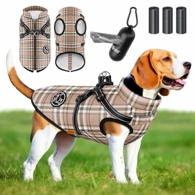 Afbeelding van LOVPET® Hondenjas Hondenvacht Met Harnas Waterafstotend, incl. 45 Stuks Poepzak + Dispenser, Winter Vest Hond Waterdicht Gevoerd, Gewatteerd Borstband, Reflectoren, D Ring Beige / 5XL