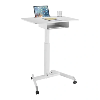 Image de Table d&#039;ordinateur portable avec roulettes et un tiroir Bureau assis debout Réglable en hauteur jusqu&#039;à 113cm max. 8kg Blanc