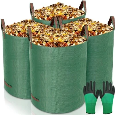 Afbeelding van GUHAOOL Tuinzakken, 4 x 272 l, tuinafvalzak van extreem robuust polypropyleen (PP), opvouwbaar en herbruikbaar, waterdicht, grote zakken met handgrepen, vuilniszakken voor de tuin (tuinhandschoenen)