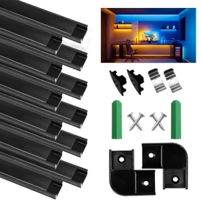 Afbeelding van Aluminium led profiel, 12 x 1 m, U vorm, profielen van aluminium, kanalen en diffusers met zwarte PC afdekking, complete accessoires, compact, professionele afwerking voor ledstrips