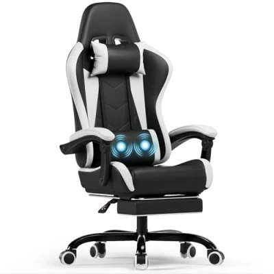 Afbeelding van Devoko Gamingstoel, racing, massagestoel met voetsteun, computerstoel lendenondersteuning, massage en hoofdsteun, 90 135, hoge rugleuning, wit