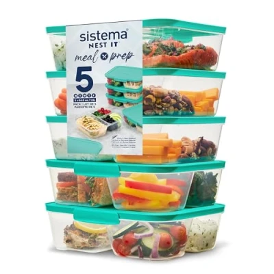 Afbeelding van Sistema NEST IT Bereide platte containers, 1,9 liter, luchtdichte voedselopslagcontainers met vakken en deksel, BPA vrij, groen, 5 stuks [59175]