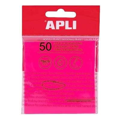 Afbeelding van APLI 19570 transparante zelfklevende notities, 75 x mm, kleur: roze, 50 doorschijnende vellen, waterbestendig, ideaal voor studenten en leraren.