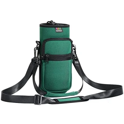Afbeelding van Nuovoware Flessenhouder van neopreen, flessentas met schouderriem en verstelbare handriem, draagtas 2 vakken, perfect accessoire voor reizen, wandelen, kamperen, Donker Groen, L, Modern