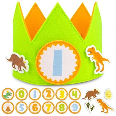 Afbeelding van Kroon verjaardag dinosaurus cijfers verwisselbaar van 0 tot 9 en themafiguren BONNYCO 1 jaar jongens, cadeau voor meisjes, decoratie dinosaurus, hoed