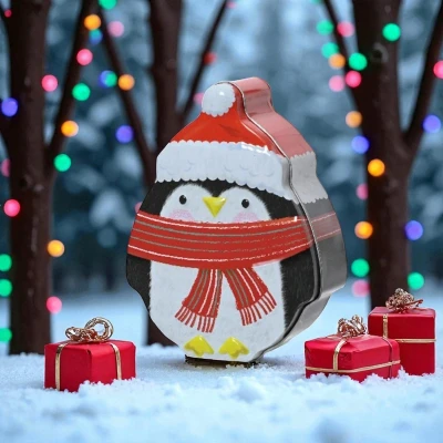 Afbeelding van Kerst Koektrommel met Pinguin Feestelijke opbergtrommel
