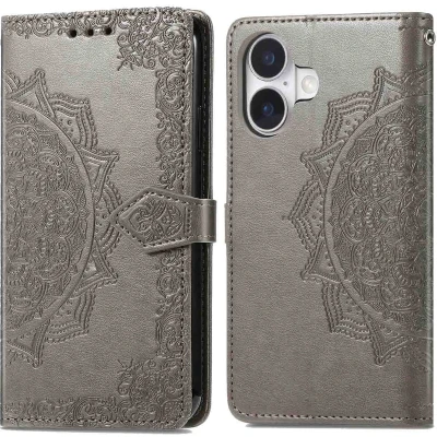 Afbeelding van imoshion Hoesje Geschikt voor iPhone 16 Met Pasjeshouder Mandala Bookcase Grijs