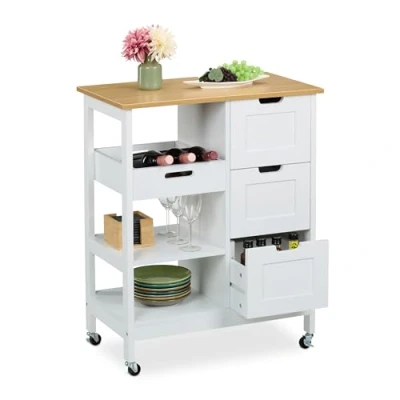 Afbeelding van keukentrolley op wieltjes met werkblad 3 lades 85 x 68,5 38,5 cm wit