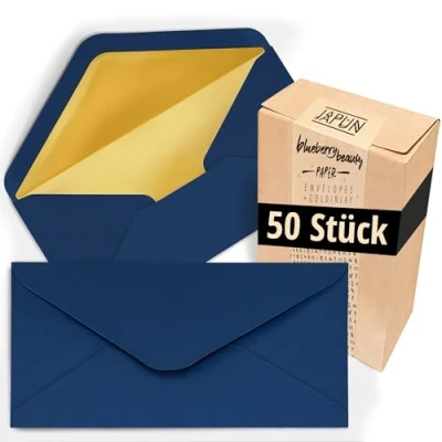 Afbeelding van Japun enveloppen (50 stuks), envelop, envelop zonder venster DIN lang 220 x 110 mm binnenkant: goud papierkleur: blauw