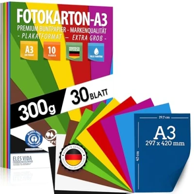 Afbeelding van 30 vellen gekleurd papier DIN A3 set fotokarton 300 g/m² 10 kleuren kraftpapier &amp; kleurrijke kartonnen vellen, kindervellen en knutselen, wees creatief, gemaakt in Duitsland