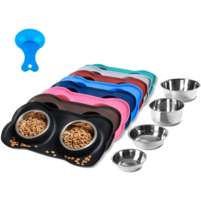 Afbeelding van Hubulk Voedermat voor honden, siliconen, antislip, met 2 roestvrijstalen kommen + voerlepel katten en puppy&#039;s