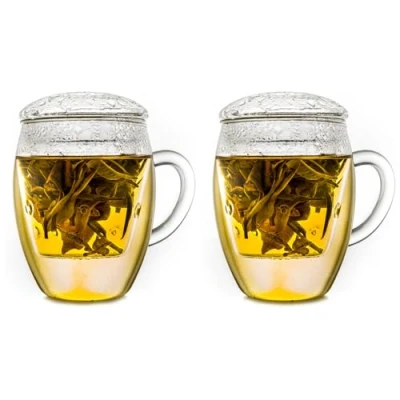 Afbeelding van Creano Set van 2 alles in één theeglazen met filter en deksel een praktische, ideale theepot 400 ml