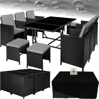 Afbeelding van tectake® outdoor balkon tuinmeubelset, lounge met 6 stoelen, 4 krukken, 1 tafel en beschermhoes, wicker vlechtwerk, weerbestendig, ruimtebesparend zwart/grijs poly rattan