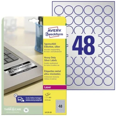 Afbeelding van Etiket Avery Zweckform L6129 20 rond 30mm zilver 960stuks