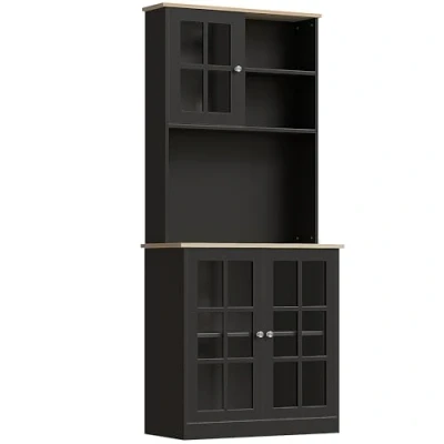 Afbeelding van HOMCOM Keukendressoir, keukenkast, meerdere vakken, 3 deuren, vitrine, glas, met plank, 2 nissen, groot MDF plaat, eikenzwart