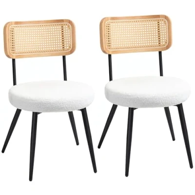Afbeelding van HOMCOM Set van 2 eetkamerstoelen, boho keukenstoel met rotan rugleuning, gevoerde zitting en metalen poten voor woonkamer, eetkamer, slaapkamer, wit