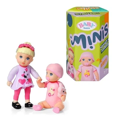 Afbeelding van Zapf Creation Baby Born, Minipuppen, Born Minis Dubbelpak Isabella &amp; Hannah, twee 7 cm grote poppen met accessoires, kleurwisselselectie, verzamelposter en stickerbord, 906026