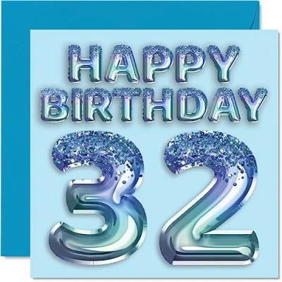 Afbeelding van Verjaardagskaart 32e verjaardag mannen blauwe glitter feestballon verjaardagskaarten voor 32 jaar, broer, vriend, oom papa, 145 mm x mm, wenskaarten tweeëndertig