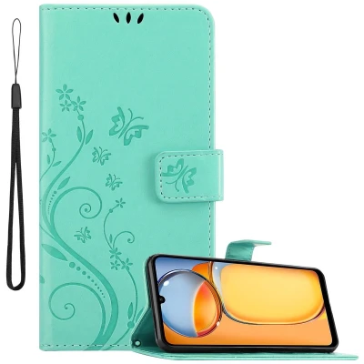 Afbeelding van Cadorabo Hoesje geschikt voor Xiaomi Redmi 13C in BLOEMEN TURKOOIS Beschermhoes bloemmotief met magnetische sluiting, standfunctie en kaartsleuven Book Case Cover Etui