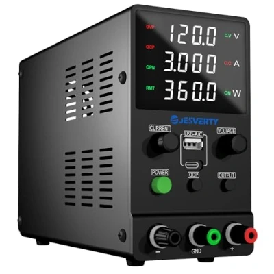 Afbeelding van Variabele DC voeding, 0 120V 3A instelbare schakeling, geregelde voeding met USB en type C snel opladen, encoderknop, aan/uit schakelaar, 4 cijferig led display