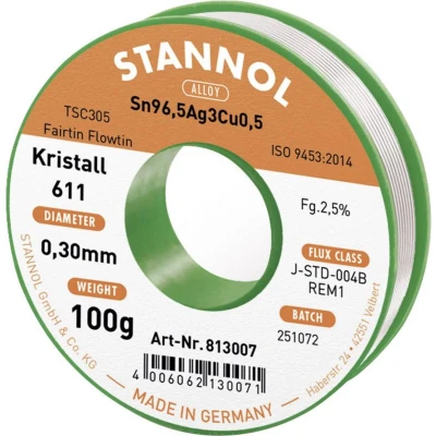 Afbeelding van Stannol Kristall 611 Fairtin Soldeertin, Loodvrij Sn96,5Ag3Cu0,5 REM1 100 g 0.3 mm
