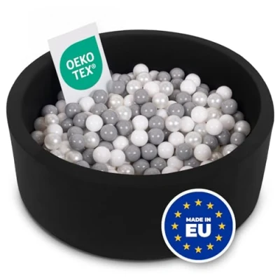Afbeelding van SELONIS Ballenbad 90 x 30 cm, 300 ronde ballen van schuimrubber voor baby&#039;s en kinderen, zwart: wit, grijs, parel